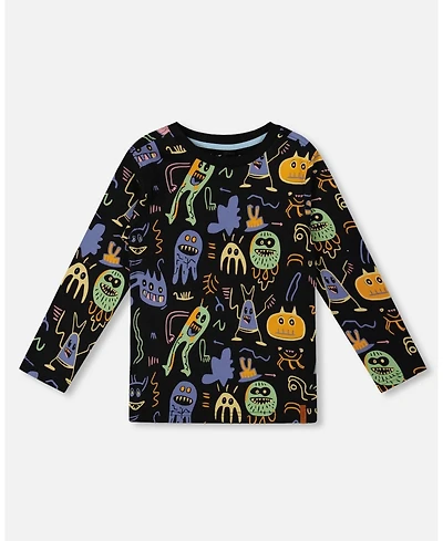 Deux par Toddler Boys Long Sleeve Cotton Allover Monsters Print Tee - Toddler|Child