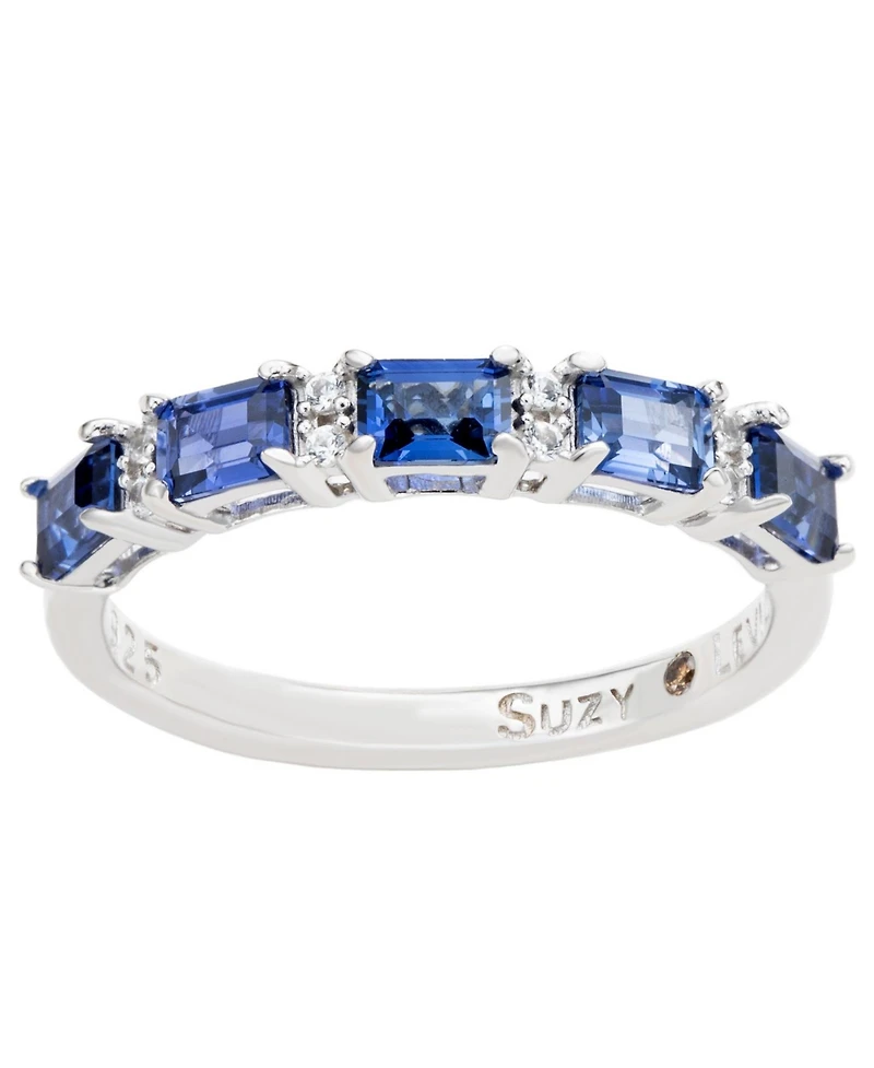 Suzy Levian New York Sterling Silver Sapphire & Created White 5 Stone Emerald Cut Thin Half Band Ring