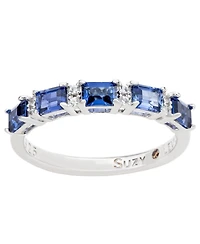 Suzy Levian New York Sterling Silver Sapphire & Created White 5 Stone Emerald Cut Thin Half Band Ring