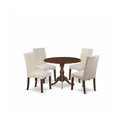 East West Furniture 5 Piece Dining Set Consists of 1 Drop Leaves Dining Table and 4 Cream Linen Fabric Dinning Chairs with High Back