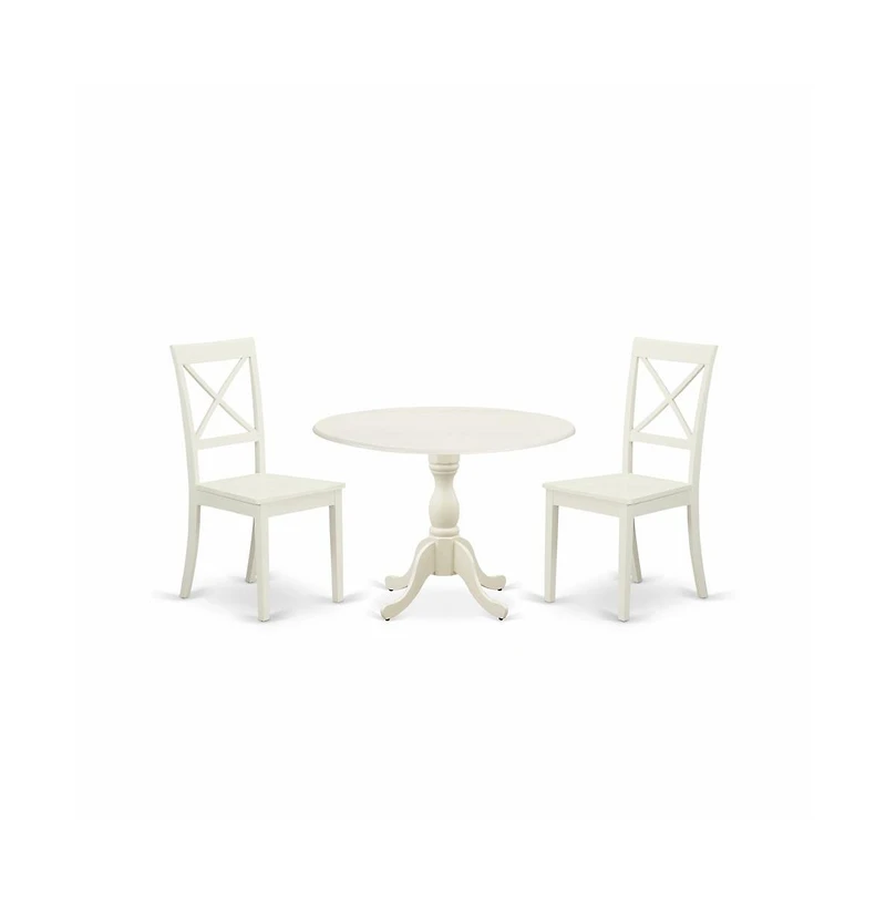 East West Furniture 3 Piece Dinning Room Table Set Consists of 1 Drop Leaves Dining Room Table and 2 Linen White Wood Chair with X-Back
