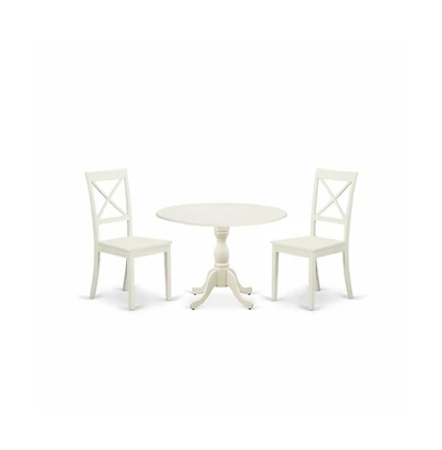 East West Furniture 3 Piece Dinning Room Table Set Consists of 1 Drop Leaves Dining Room Table and 2 Linen White Wood Chair with X-Back