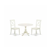 East West Furniture 3 Piece Dinning Room Table Set Consists of 1 Drop Leaves Dining Room Table and 2 Linen White Wood Chair with X-Back