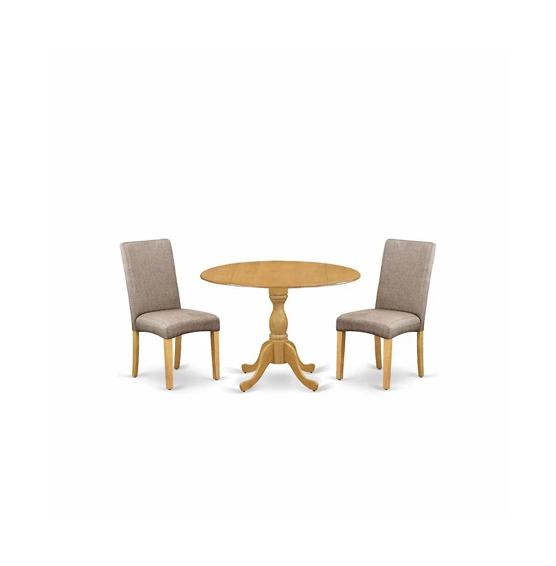 East West Furniture 3 Piece Table and Chairs Dining Set - Oak Modern Dining Table and 2 Dark Khaki Linen Fabric Modern Chairs with High Back