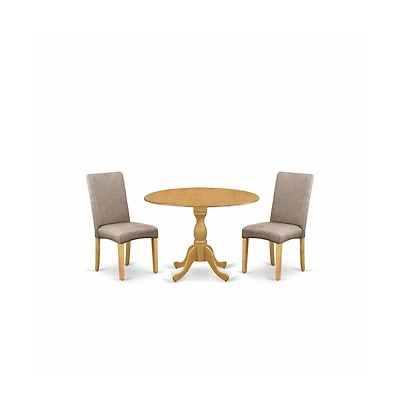 East West Furniture 3 Piece Table and Chairs Dining Set - Oak Modern Dining Table and 2 Dark Khaki Linen Fabric Modern Chairs with High Back