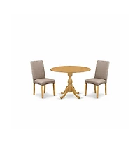 East West Furniture 3 Piece Table and Chairs Dining Set - Oak Modern Dining Table and 2 Dark Khaki Linen Fabric Modern Chairs with High Back