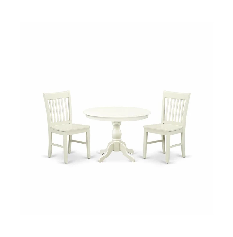 East West Furniture 3 Piece Dining Room Table Set - Linen White Dining Room Table and 2 Linen White Dining Room Chairs with Slatted Back