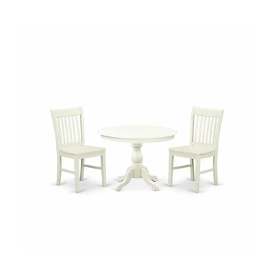 East West Furniture 3 Piece Dining Room Table Set - Linen White Dining Room Table and 2 Linen White Dining Room Chairs with Slatted Back