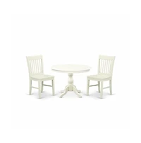 East West Furniture 3 Piece Dining Room Table Set - Linen White Dining Room Table and 2 Linen White Dining Room Chairs with Slatted Back