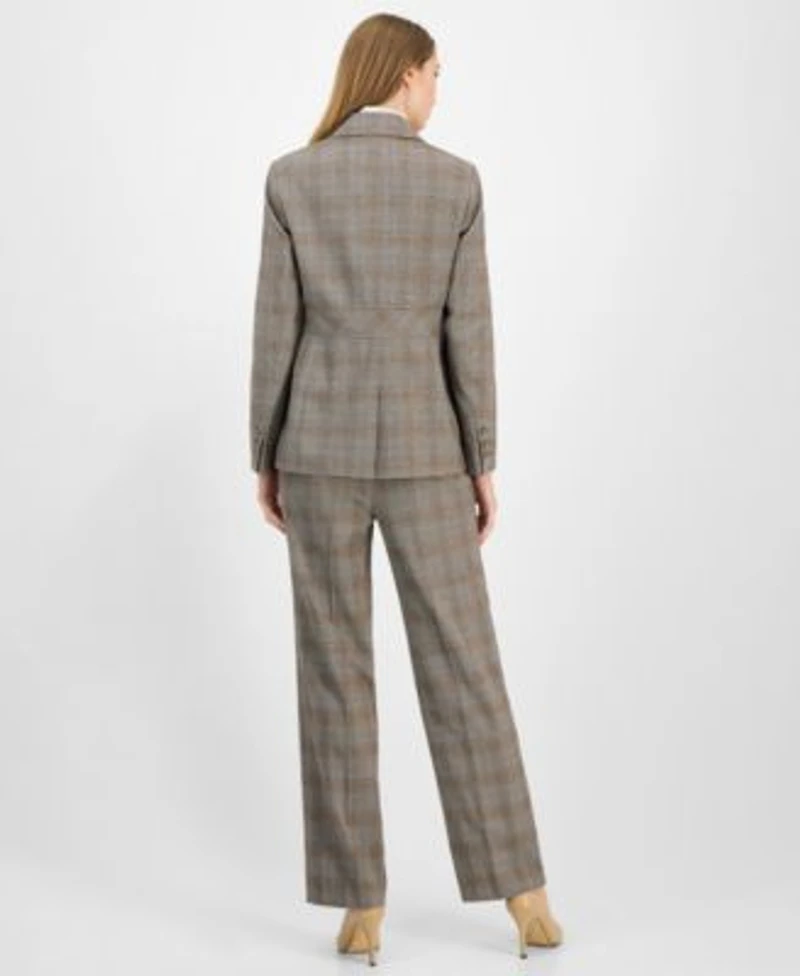 Anne Klein Womens Check Print Peak Lapel Three Pocket Jacket Long Sleeve Turtleneck Plaid Mid Rise Wide Leg Pants