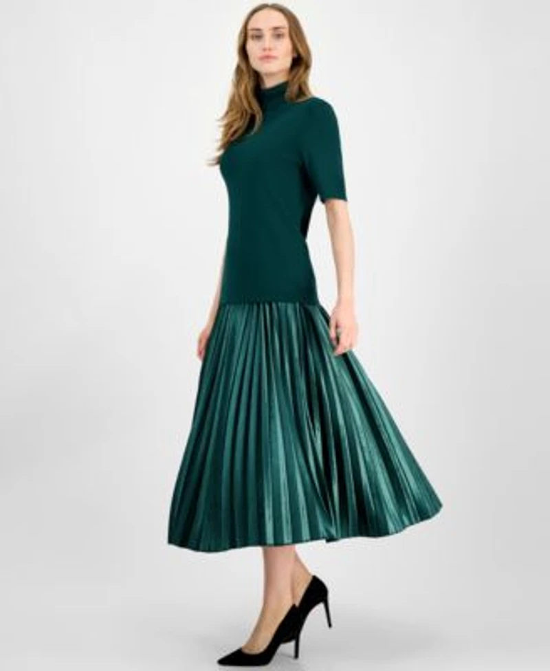 Anne Klein Womens Half Sleeve Turtleneck Sweater Pleated Flared Midi Skirt
