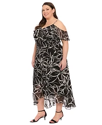 London Times Plus Printed Cold-Shoulder Ruffle Dress