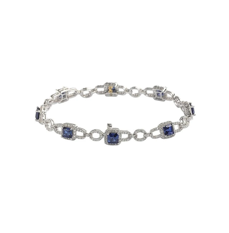 Suzy Levian Sterling Silver Sapphire & Created White Asscher-cut Pave Link Bracelet