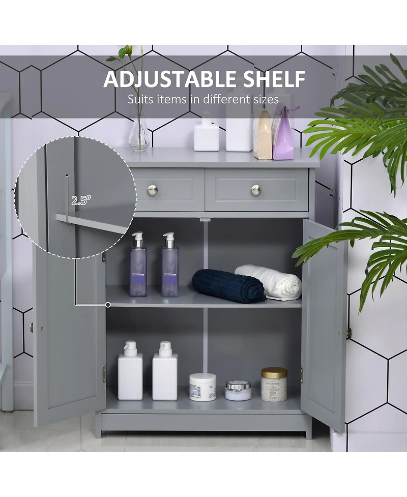 kleankin Wooden Bathroom Floor Cabinet with 2 Doors, 2 Drawers and Adjustable Shelf,