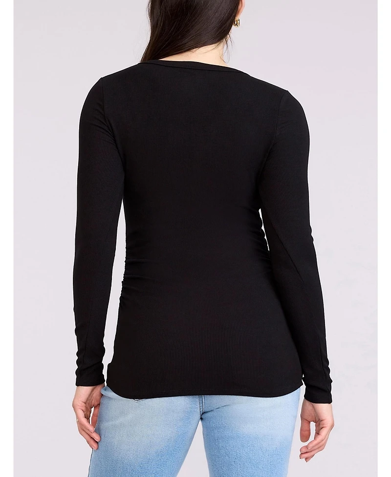 Motherhood Maternity Women's V-Neck Side-Ruched Long Sleeve Henley Tee