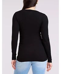 Motherhood Maternity Women's V-Neck Side-Ruched Long Sleeve Henley Tee