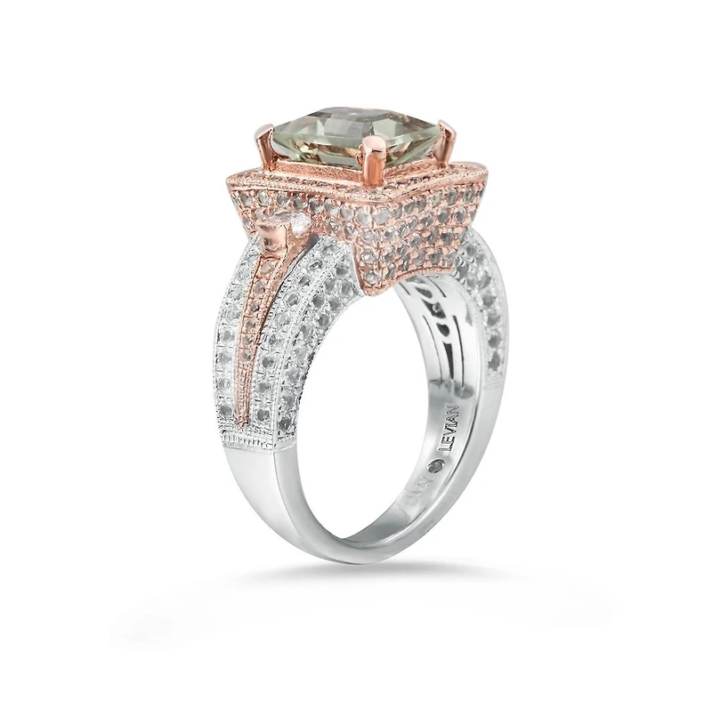 Suzy Levian Two-Tone Sterling Silver Emerald Cut Center Topaz Cocktail Milano Ring