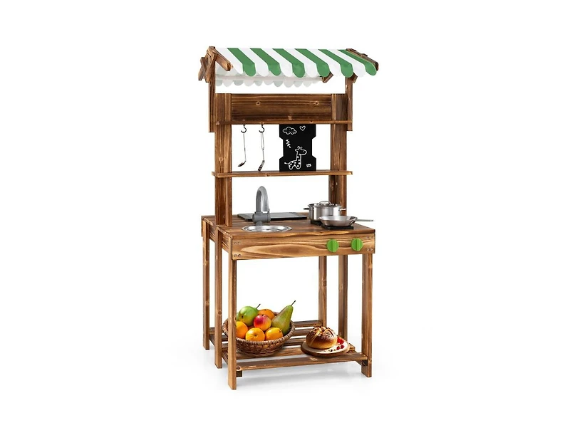 Akiudex Double-Sided Wooden Outdoor Play Kitchen with Grill and Accessories
