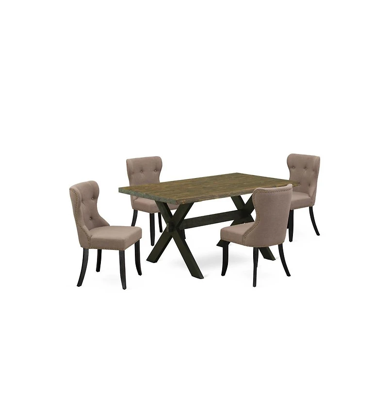 East West Furniture 5-Piece Dining Set- 4 Parson Dining Chairs with Coffee Linen Fabric Seat and Button Tufted Chair Back