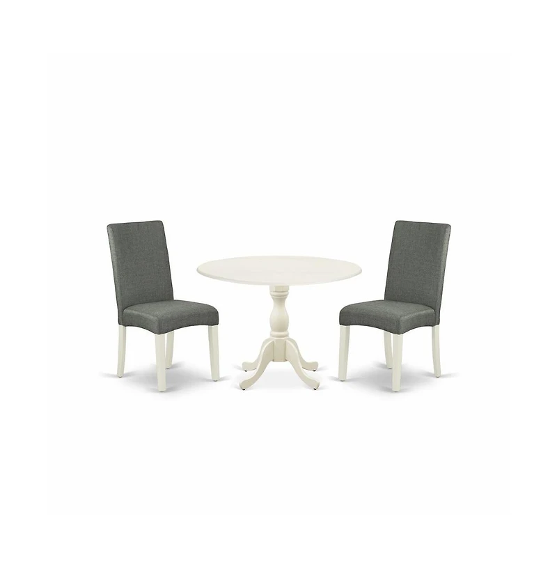 East West Furniture 3 Piece Wood Dining Table Set Includes 1 Drop Leaves Dining Room Table and 2 Grey Linen Fabric Padded Chair with High Back