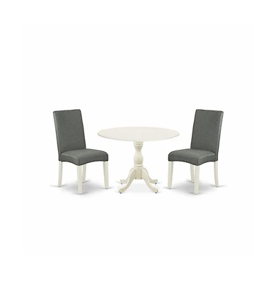 East West Furniture 3 Piece Wood Dining Table Set Includes 1 Drop Leaves Dining Room Table and 2 Grey Linen Fabric Padded Chair with High Back