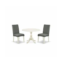 East West Furniture 3 Piece Wood Dining Table Set Includes 1 Drop Leaves Dining Room Table and 2 Grey Linen Fabric Padded Chair with High Back