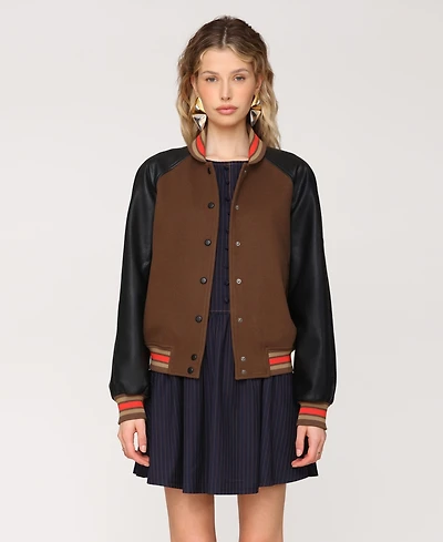 Avec Les Filles Women's Combo Sleeve and Roll Collar Varsity Bomber Jacket