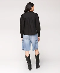 Avec Les Filles Women's Puff Sleeve Cropped Lace Scallop Button Up Blouse