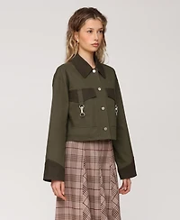 Avec Les Filles Women's Oversized Combo and Clasp Pockets Cropped Trucker Jacket