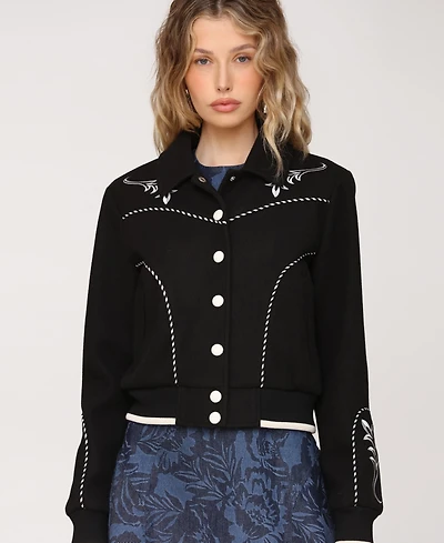 Avec Les Filles Women's Western Bomber Piping and Embroidery Jacket