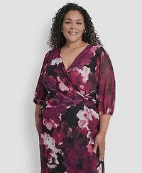 Dkny Plus Bubble Sleeve Surplice Neck Front Knot Midi Dress