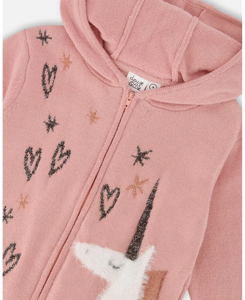 Deux par Girl Hooded Knit Cardigan Dusty Pink with Unicorn Intarsia - Child
