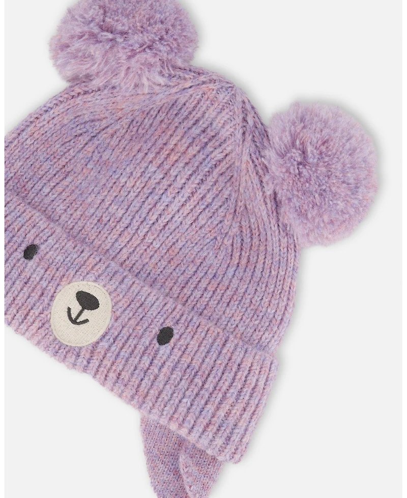 Deux par Baby Girl Lined Knit Hat with Pompoms Purple Gray - Baby|Toddler