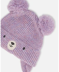 Deux par Baby Girl Lined Knit Hat with Pompoms Purple Gray - Baby|Toddler