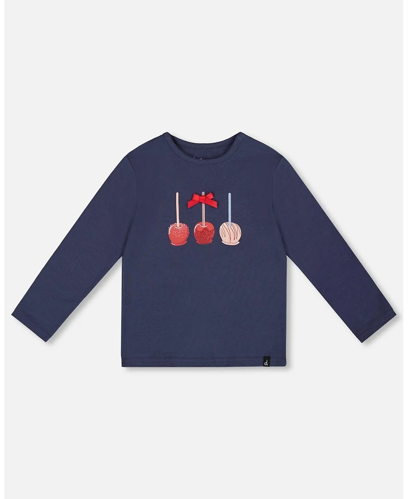 Deux par Girl Cotton T-Shirt Navy Blue with Apple Treats - Toddler|Child
