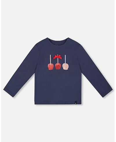 Deux par Girl Cotton T-Shirt Navy Blue with Apple Treats - Toddler|Child