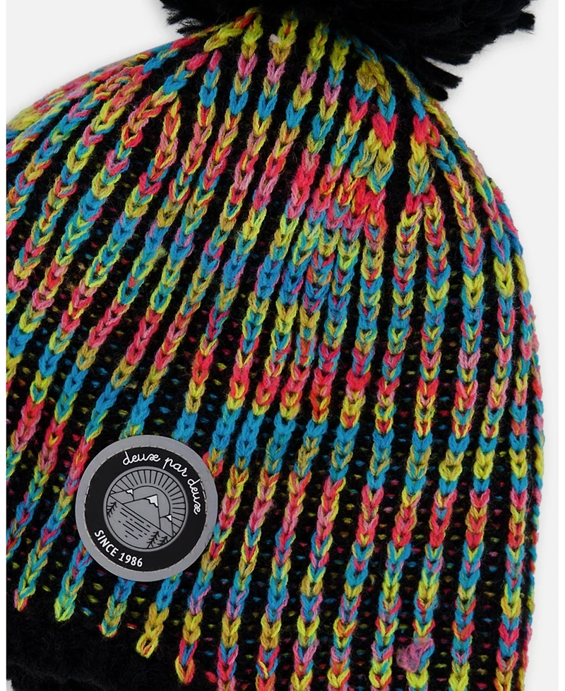 Deux par Girl Lined Peruvian Knit Pompom Hat Black and Multicolor - Toddler|Child
