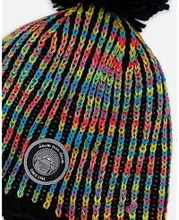 Deux par Girl Lined Peruvian Knit Pompom Hat Black and Multicolor - Toddler|Child