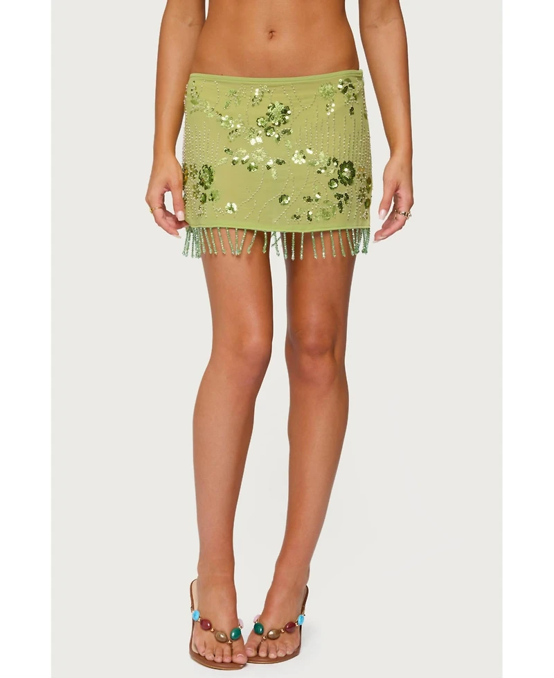 Edikted Women's Sheer Sequin Bead Fringed Mini Skirt
