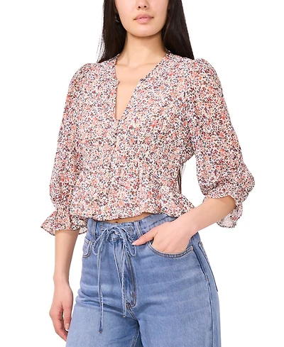 1.state Women's Smocked Waist 3/4-Sleeve Button Down Blouse