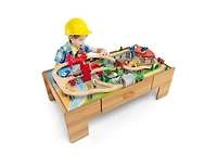 Kids Double-Sided Wooden Train Table Playset with Storage Drawer