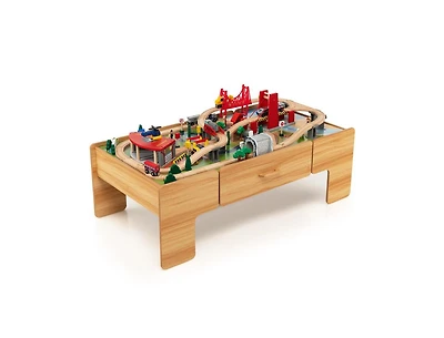 Kids Double-Sided Wooden Train Table Playset with Storage Drawer