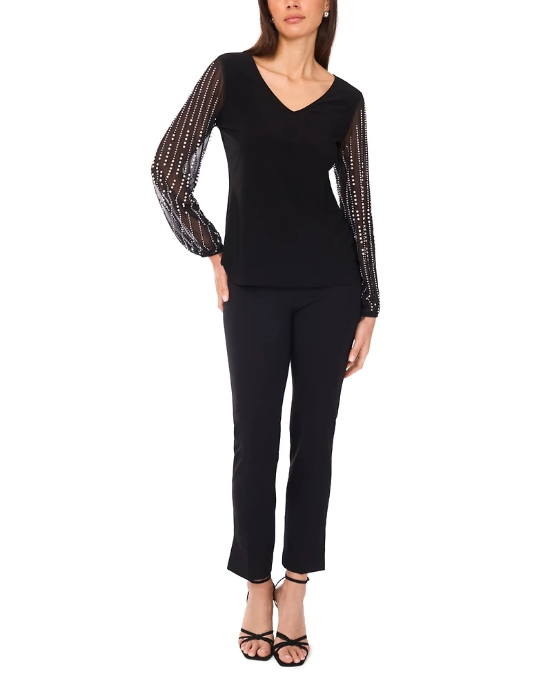 Msk Women's V-Neck Beaded Sleeve Top