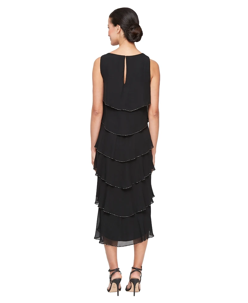 Sl Fashions Women's Boat Neckline Tiered Beads Midi Dress