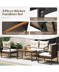 Gymax Set Of 4 Patio Conversation Set w/ Coffee Table Solid Acacia Wood Armrests Tabletop