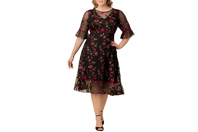 Women's Plus Wildflower Embroidered Floral Mesh Cocktail Dress