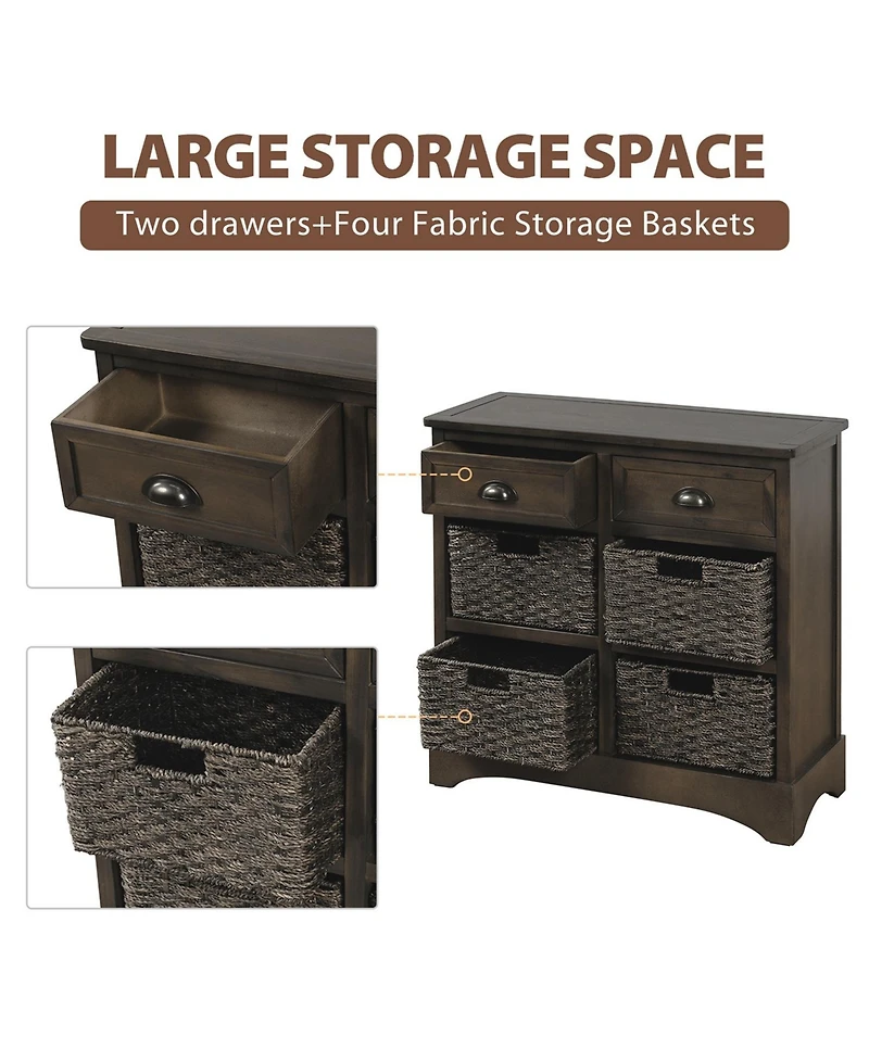 Casainc Rustic Storage Cabinet with Two Drawers and Four Classic Rattan Basket
