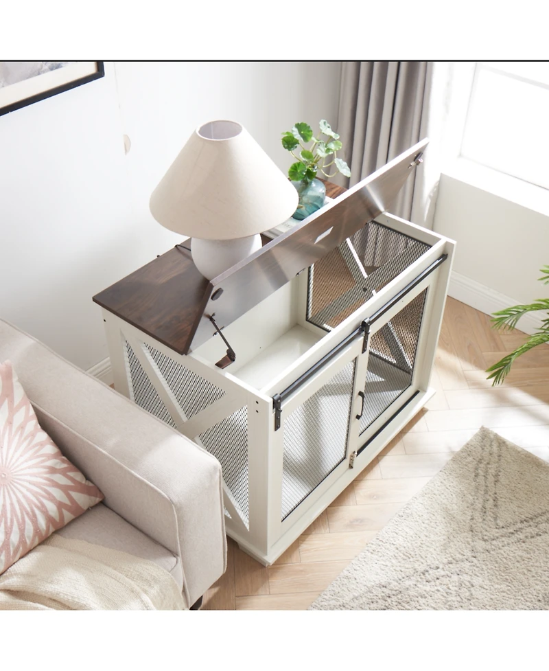 Dog Cage Crate Storage Cabinet with Sliding Barn Door
