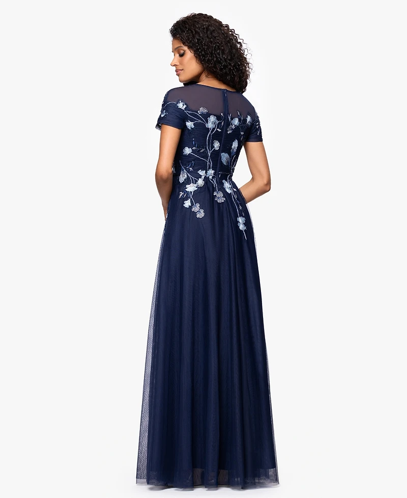 Betsy & Adam Women's Long Mesh Sequin Embroidered Cap Sleeve Dress