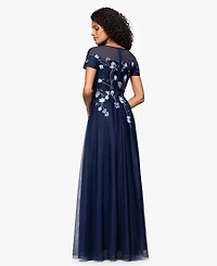 Betsy & Adam Women's Long Mesh Sequin Embroidered Cap Sleeve Dress